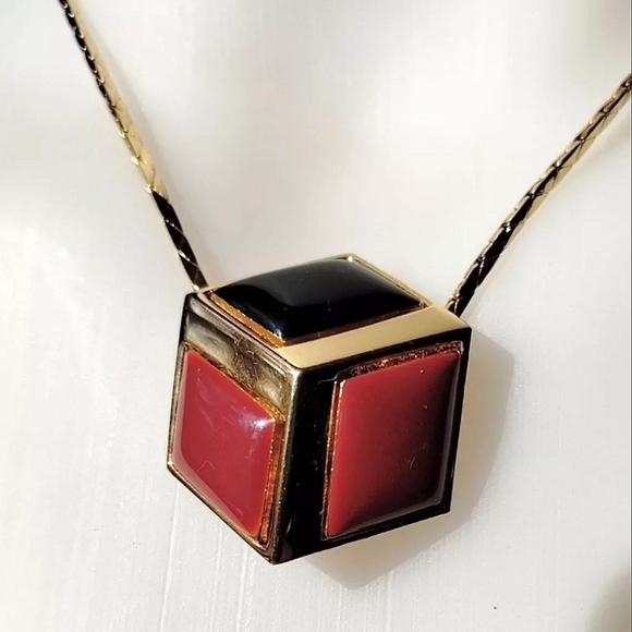 Vintage 80s Givenchy Gold Tone Enamel Cube Necklace Black Mauve Disco Modernist - Picture 3 of 11